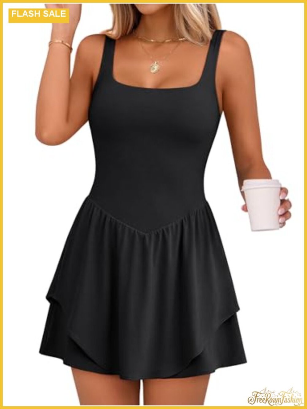 Tennis Golf Dress with Pocket Sleeveless Square Neck Built-in Shorts